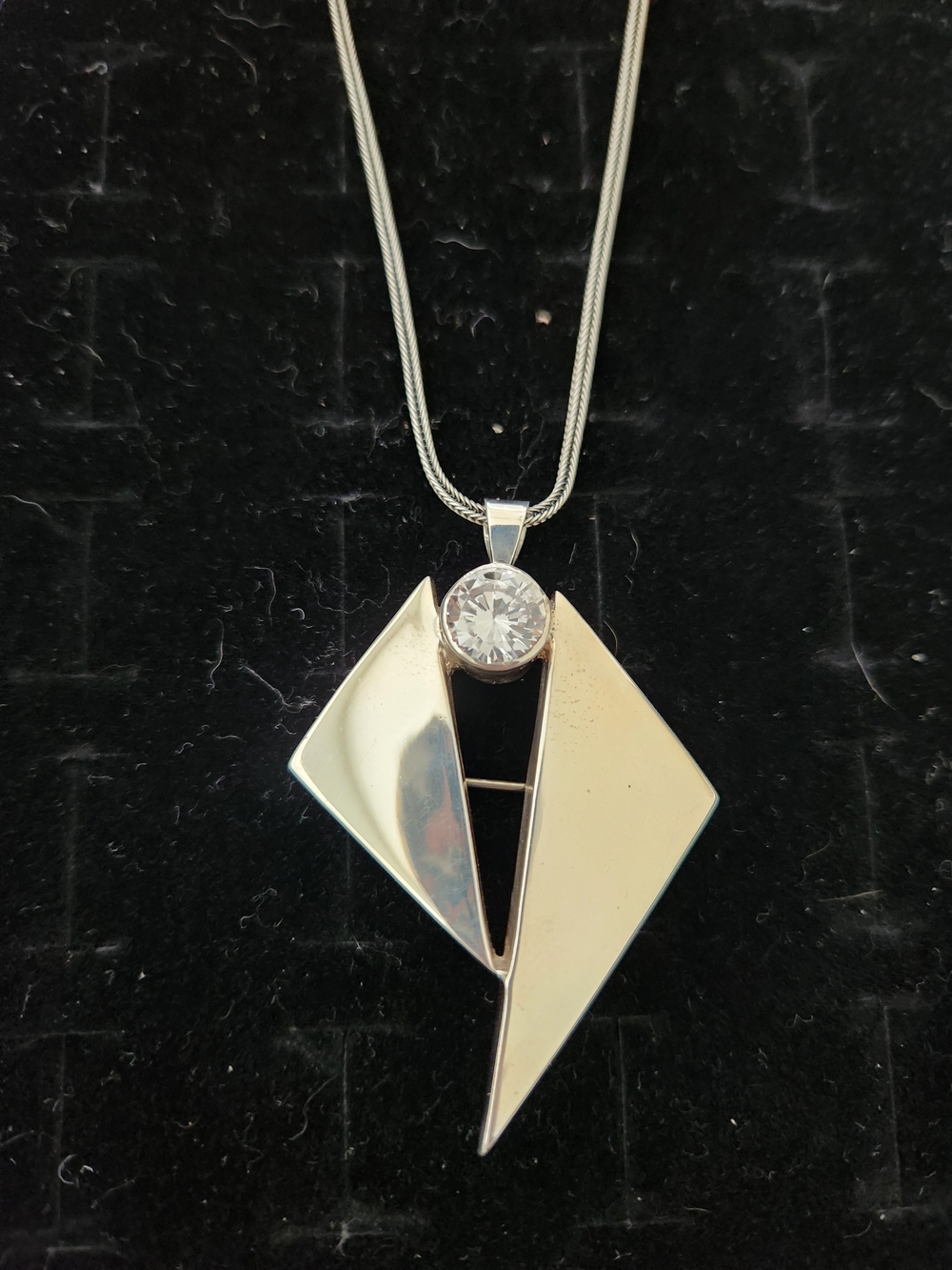 Sterling Silver Geometric Pendant Necklace with Clear Stone